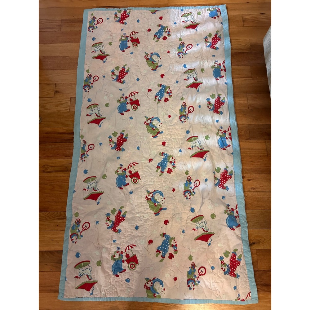 Vintage Handmade Circus Clown Quilt‎ Pink Blue Nursery Blanket Retro Kitsch
